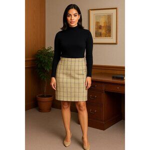 Vintage 90s Tofy Plaid Pencil Skirt M Beige Brown Tweed Career Academia USA